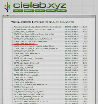 Выбор файла CGATS с нужным заголовком таблицы в каталоге https://cielab.xyz/spectralcalc/