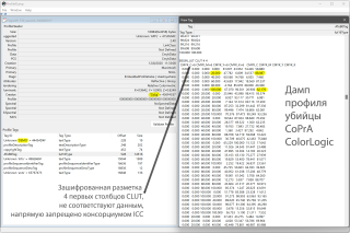 Дамп вирусного профиля ColorLogic показывает, что данные не соответствуют структурной разметке ICC, такое зашифрованное разупорядоченное расположение данных напрямую запрещено консорциумом ICC и не просто так