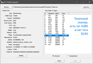 Типичный профиль сканера: в одном направлении преобразования тег A2B0 есть, а в другом направлении B2A0 тега нет. Часть программ не работает с такими однонаправленными профилями.