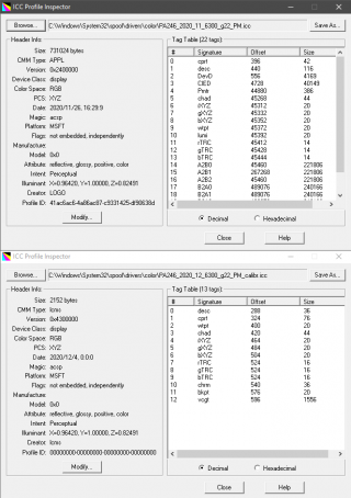 Список тегов профиля монитора до и после редактирования калибриллой тега vcgt. Нижний профиль от Calibrilla операционная система не признает