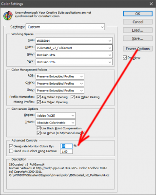Adobe Color Settings: Desaturate Monitor Colors By