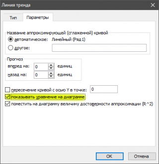 В первой вкладке выбираем тип &quot;линейный&quot; и во второй включаем &quot;вывести уравнение&quot;
