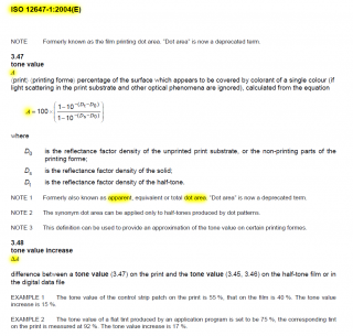 Цитата из стандарта 12647-1:2004. Градационная характеристика или Tone Value, денситометрическое приращение в печати или A (Apparent) по шкале вычисляемых значений (3.47). <br />ΔA или TVI (3.48).
