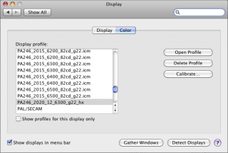 Переключение профилей монитора в MacOS &quot;System Preferences/Display/Color&quot;