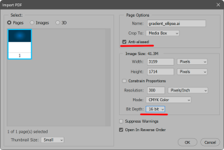 1) Импортируйте векторный файл в Фотошопе, в параметрах растрирования укажите Anti-Aliasing (сглаживание) и обязательно 16 бит! В примере ai сохранен с опцией pdf compatible
