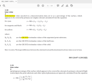 Формулы колориметрического и денситометрического приращения Apparent в пунктах 3.38 и 3.39 в ISO 12647-1:2013, цитата