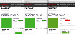 Один и тот же пантон в трех браузерах, два браузера настроены неверно, один верно, а сайт пантон - не известно как. Скрину присвоен профиль sRGB